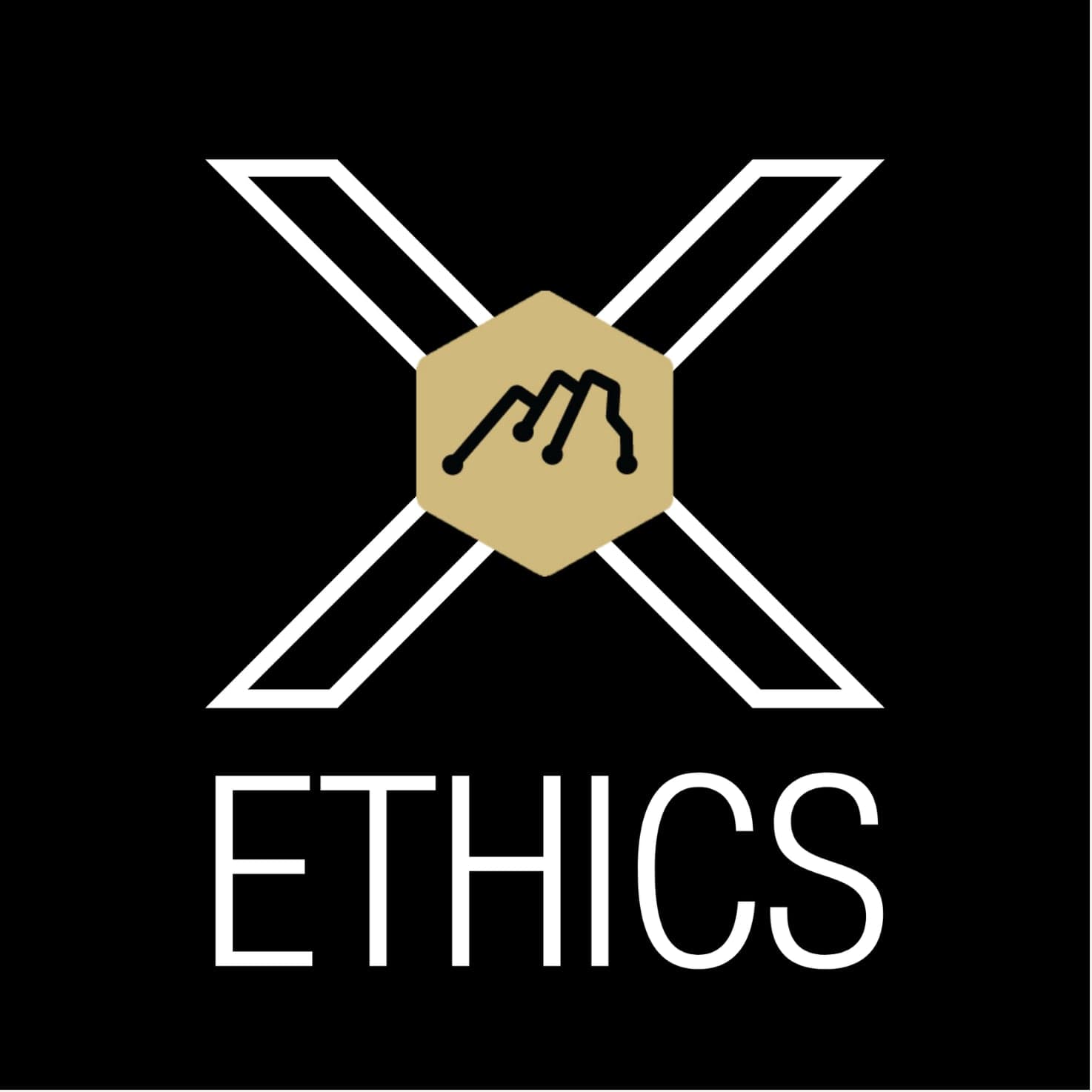 Ethics logo: a white X around a gold hexagon with a mountain icon, above the word Ethics, on black