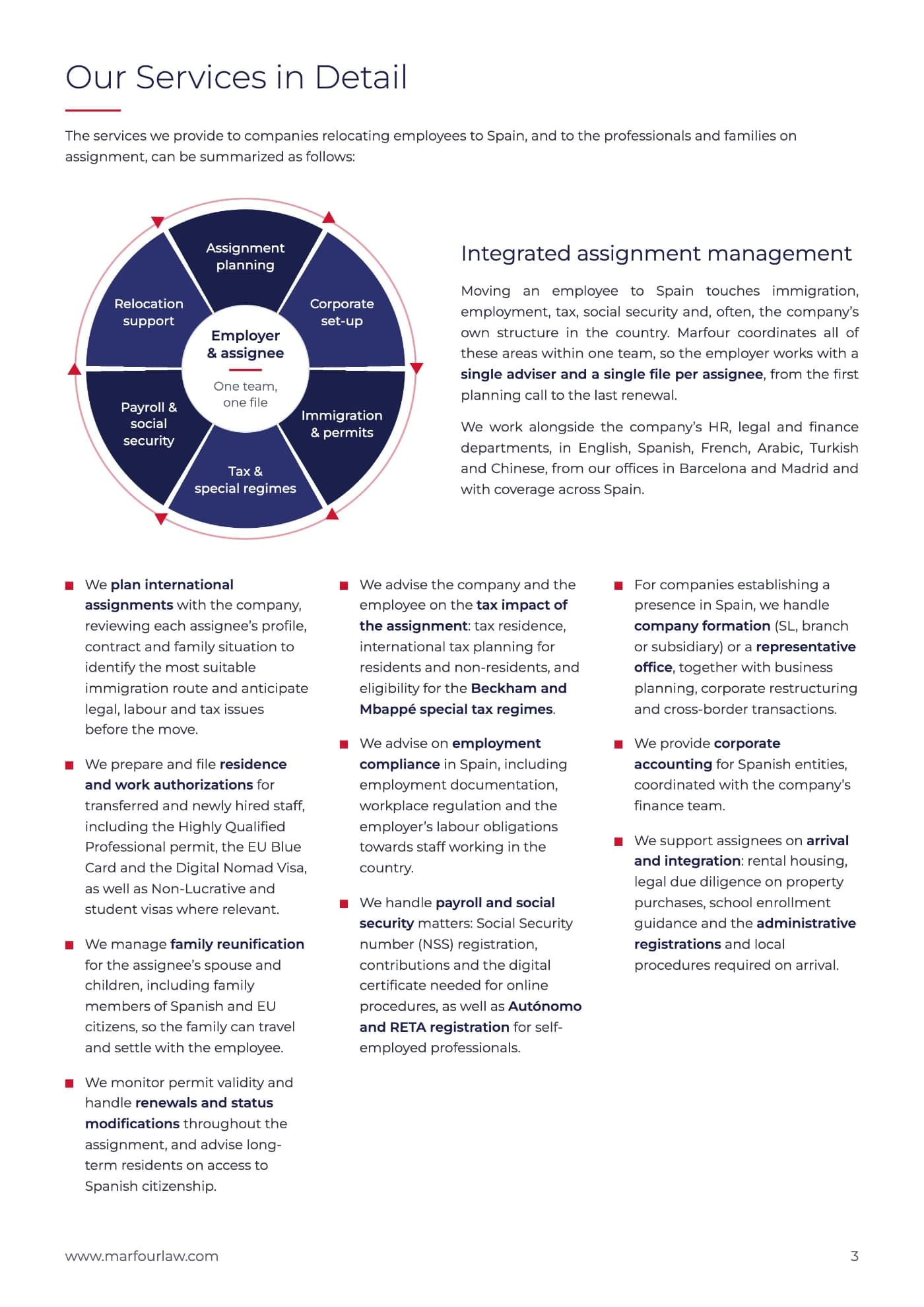 Brochure page 3: Our Services in Detail, with an integrated assignment management diagram