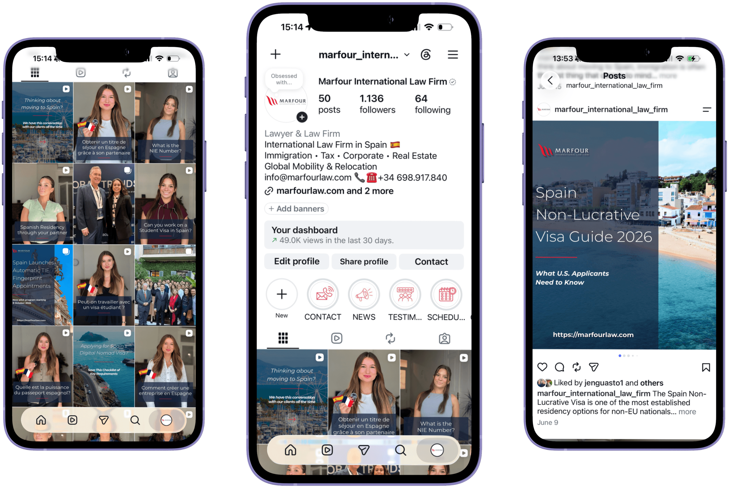 Three phones showing Marfour's Instagram grid, profile, and a Non-Lucrative Visa guide post