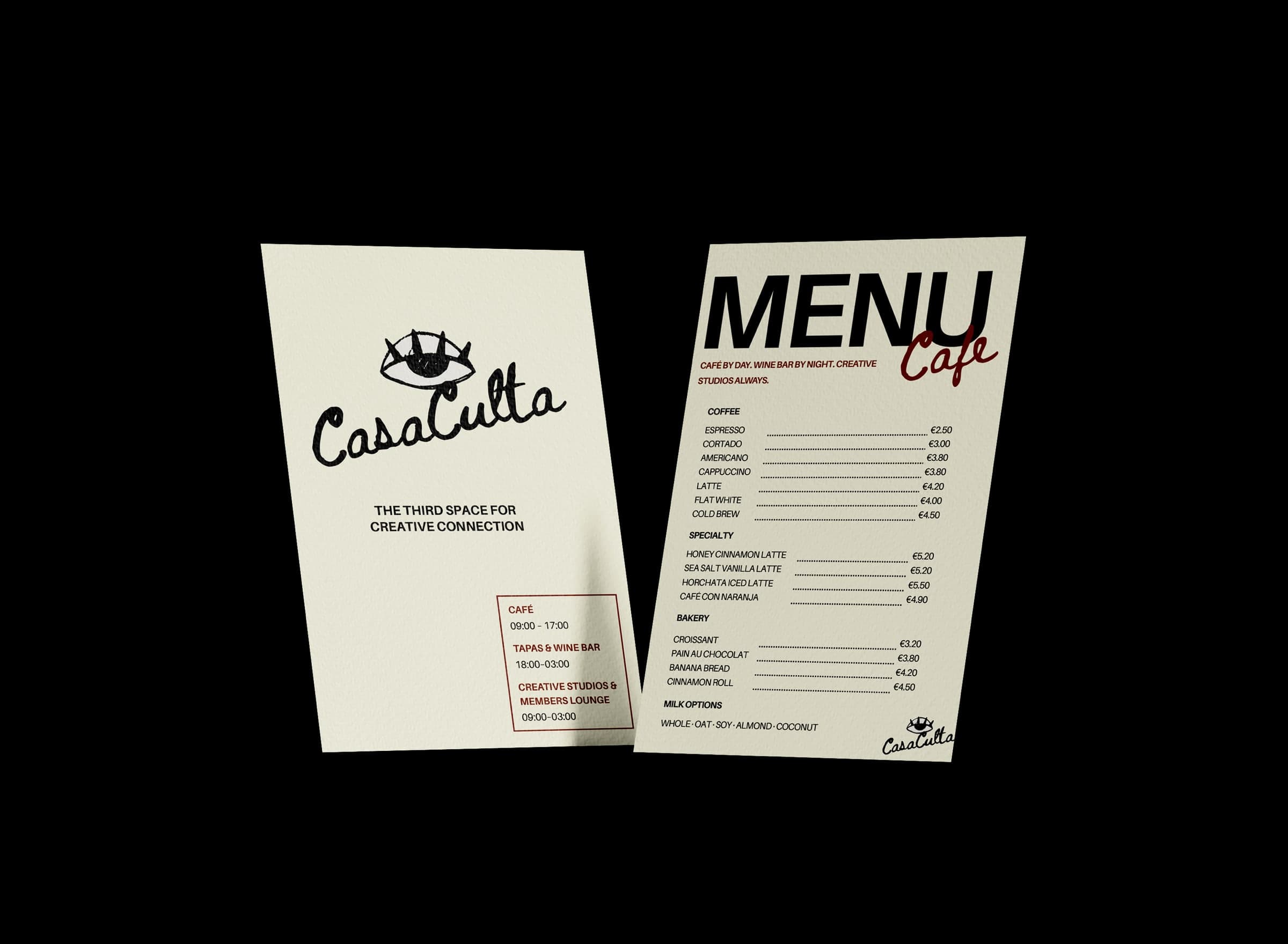 Printed Casa Culta cards: the logo with opening hours, and the café menu