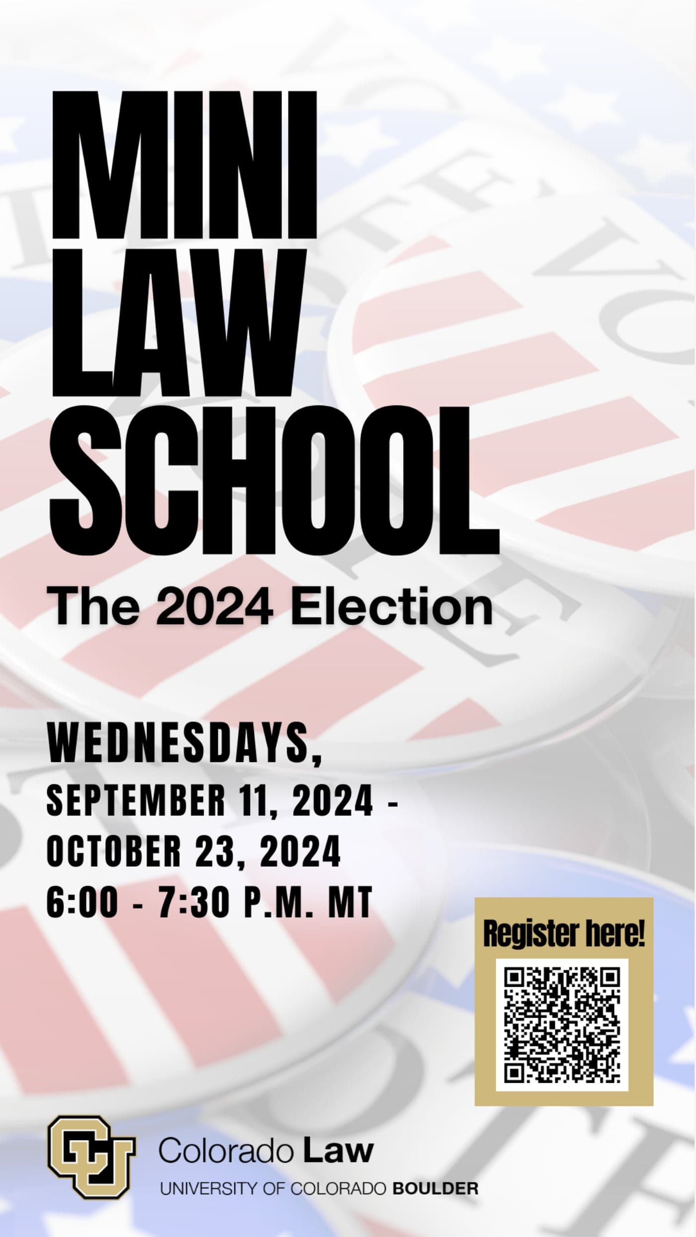 Mini Law School: The 2024 Election promotional story graphic with dates and a registration QR code