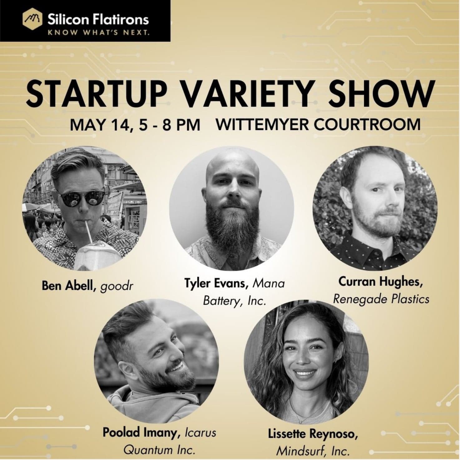 Silicon Flatirons Startup Variety Show event graphic featuring five founder headshots